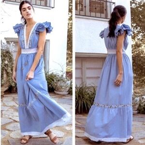 SAYLOR Linen Blend Blue Embroidered Maxi Dress Boho Cottage Prairie Size L